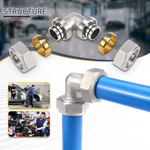 Two Pack Three Quarter Inch Elbow Air Piping Fittings For Shop And Garage Compressed Air Line System Brass Nickel Plated 200 PSI Quick Connect Compression Fittings shown in different views