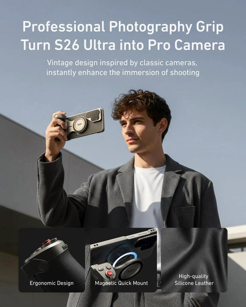 Man using Phone Camera Master Grip Kit For Samsung Galaxy S26 Ultra With Case And 10X Flash 2in1 ND16 Filter in urban setting