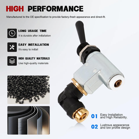 Air Toggle Switch Pneumatic Control Valve Direct Replacement For Peterbilt Kenworth International LT Series Trucks One Quarter Inch Port 379 389 Easy Install Air System Upgrade with metal 90° elbow.