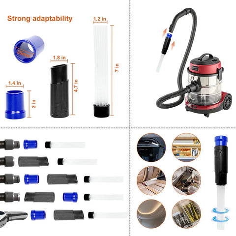 All Purpose Universal 14 Piece Vacuum Attachment Kit For Wet And Dry Vacuums showing attachments and vacuum cleaner usage.