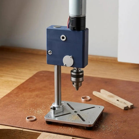 Bothyi Miniature Desktop Drill Press Workbench Tool with metal housing on wood surface for precision boring in DIY projects.