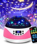 Kids Night Light Projector with Timer and Music, Starry Sky Projector for Bedroom, pink projector displaying stars and moon with remote.
