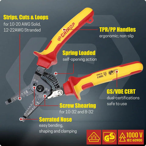 Insulated Wire Stripper And Cutter With Tool Storage Case For 10-20 AWG Solid And 12-22 AWG Stranded Wire, 1000V Rated, Pro Grade