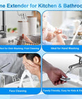 Flexible Swivel Faucet Aerator Extension Featuring Dual Flow Modes And Four Joint Bend Design For Complete Sink Coverage during dish washing.