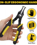 Hand holding 4 In 1 Heavy Duty Snap Ring Pliers Set With Interchangeable Heads For Internal And External Retaining Rings 45 And 90 Degree Angled Jaws Circlip Removal Tool For Auto Repair Machinery And Home DIY with ergonomic handle