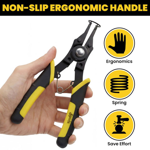 Hand holding 4 In 1 Heavy Duty Snap Ring Pliers Set With Interchangeable Heads For Internal And External Retaining Rings 45 And 90 Degree Angled Jaws Circlip Removal Tool For Auto Repair Machinery And Home DIY with ergonomic handle