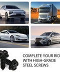 Hella Durable Stainless Steel License Plate Screws For Cars And Trucks 8 Piece Kit Black rust proof self tapping fasteners with vehicles.