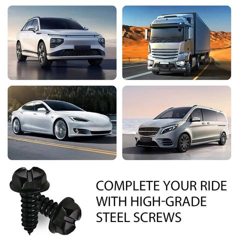 Hella Durable Stainless Steel License Plate Screws For Cars And Trucks 8 Piece Kit Black rust proof self tapping fasteners with vehicles.
