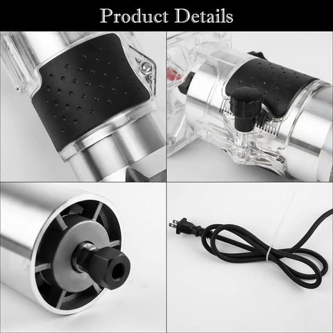 Close-up of Compact Palm Wood Router Kit 110V 800W showing motor detail, transparent base, and power cord for woodworking.