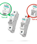 Go-To 20A DC And AC Dual-Protection Circuit Breaker, 1 Pole DIN Rail Mount, 250V Solar PV Disconnect Switch, Overcurrent Protection For Battery, Home, RV, Marine, And Industrial Electrical Systems. White 1-pole DIN rail breaker shown on/off.