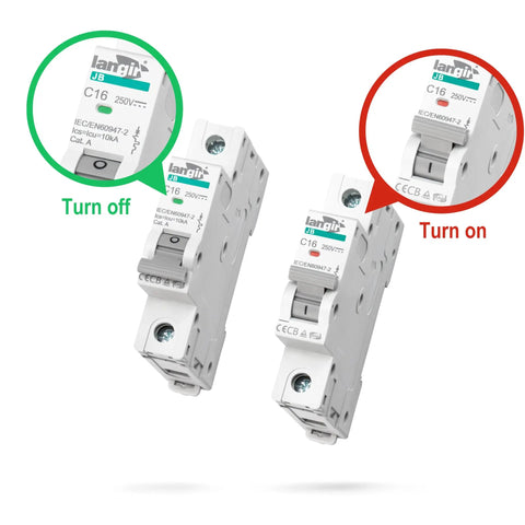 Go-To 20A DC And AC Dual-Protection Circuit Breaker, 1 Pole DIN Rail Mount, 250V Solar PV Disconnect Switch, Overcurrent Protection For Battery, Home, RV, Marine, And Industrial Electrical Systems. White 1-pole DIN rail breaker shown on/off.
