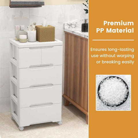 Five Drawer Rolling Storage Cart On Wheels White Plastic Organizer For Home Office And Living Room Mobile Cabinet With Three Large And Two Small Drawers Durable Vertical Storage Tower 16x13x31 in kitchen