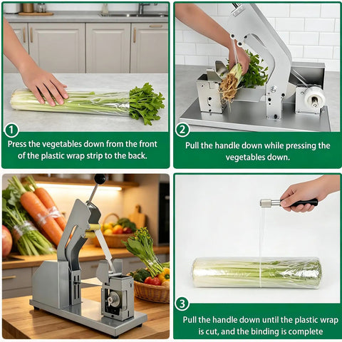 Instructions for using the Semi Automatic Vegetable Strapping Machine Compact PE PVC Film Tying Tool with adjustable tightness.