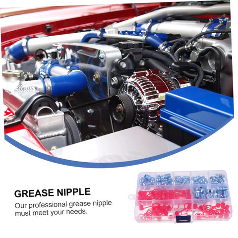 Zerk Fitting 100Pcs Assortment Kit With Straight And Grease Nipples shown in use on vehicle engine maintenance