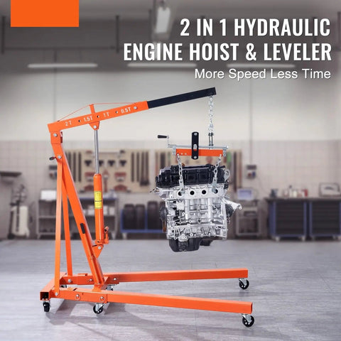Heavy Duty Hydraulic Engine Hoist And Leveler Combo With Telescopic J Boom Lever Two Ton 4400 Lbs Capacity Foldable Shop Crane For Car Mechanics No Sweat Lifting Boss Move in use lifting an engine.