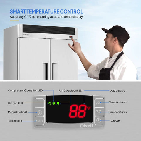 Smart temperature control panel on Heavy Duty 49 Cubic Foot Commercial Reach In Refrigerator Two Door Fridge Cooler.