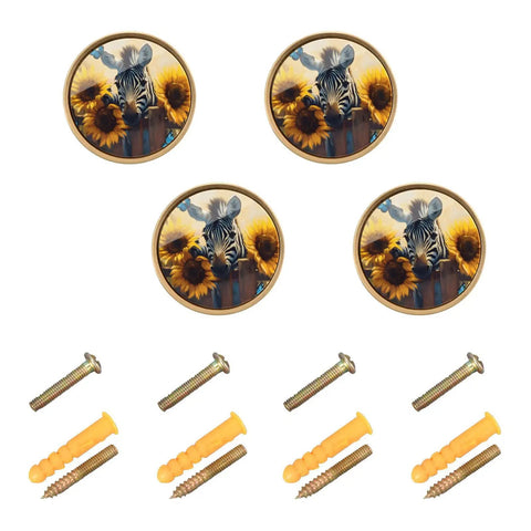 Gold Cabinet Knobs 4 Pack With Zebra Fence Sunflower Design Cool Round Pulls and dual screw mounts, displayed with screws