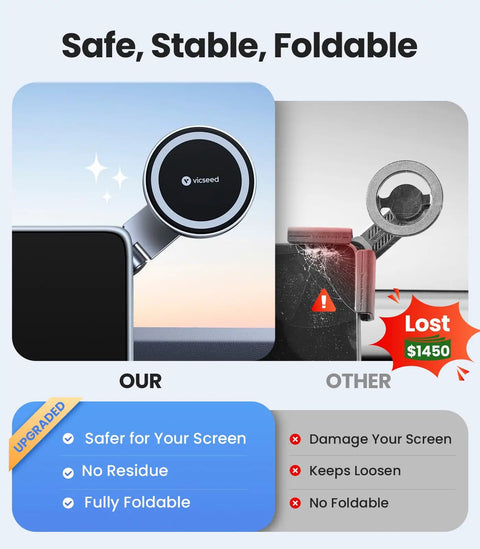 Comparison of Tesla Phone Mount With Ultra Strong Magnet Power Foldable Hidden Car Holder and a competitor showing stability and safety