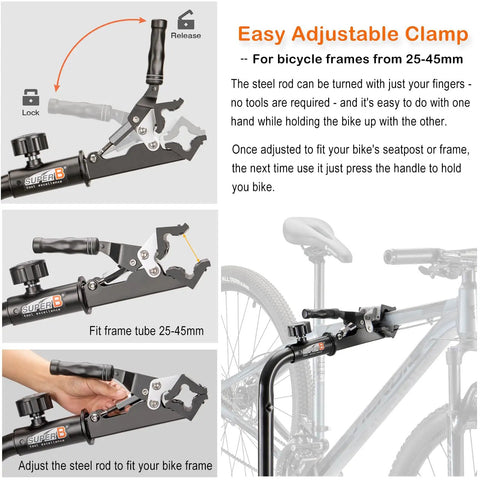 Ebike Repair Stand with adjustable clamp for frames 25-45mm, shown securing bike at comfortable height, stable steel frame