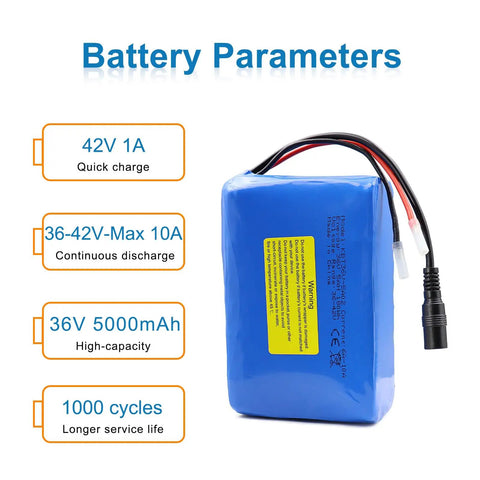 Close-up of 36V 5Ah Rechargeable Li-ion Battery Pack With Built-In 10A BMS, Charger, XT-60 And XT-30 Cables, blue with specs