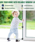 Child standing by sliding door with 2 Pack Adjustable Window And Sliding Door Security Bar For Inside Use No Drilling Installation Heavy Duty Steel