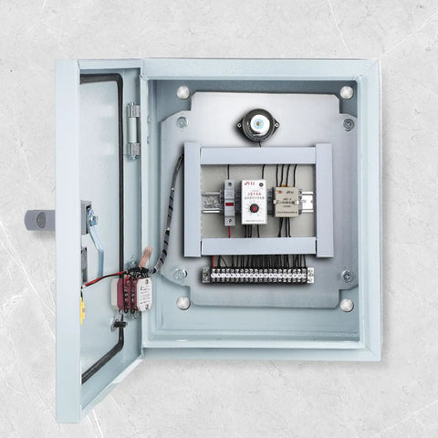 Inside view of Heavy Duty Outdoor Weatherproof Electrical Box Wall Mount Control Enclosure Junction Box Thickened Steel Cabinet With Lockable Panel 250 By 300 By 140 mm For Industrial Use