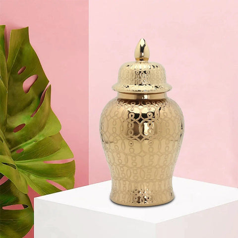 Hassle Free Ceramic Pantry Canisters For Tea Coffee Sugar Spices Totally Sealed Kitchen Storage Jars With Secure Lids in gold with decorative pattern.