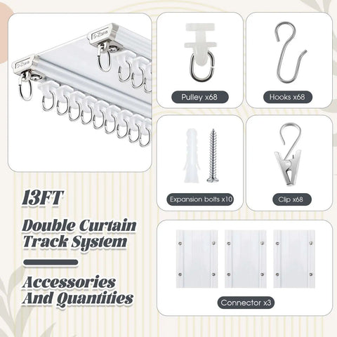 Beefy Heavy Duty Double Curtain Track Set With Ceiling Mount Aluminum Rail For Living Room, Adjustable 3 To 13 Feet, Room Divider Track System, Includes Curtain Slide, Pulleys, Hooks, Clips, Screws And End Caps. 13 ft double curtain track hardware set with pulleys, hooks, clips and connectors