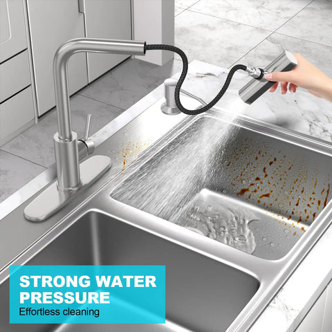 Top Tier Kitchen Sink Faucet Featuring A Smooth Pull Down Sprayer Integrated Soap Dispenser And Heavy Duty Brushed Finish For Quick Daily Tasks And No Fuss Cleanups in action, showcasing strong water pressure.