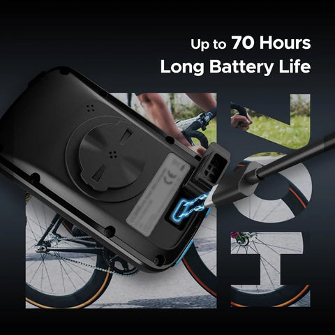 Wireless Bike Computer GPS With ANT Plus Bluetooth showing charging port and up to 70 hours battery life