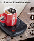 Always Keep Your Daily Grind Nice And Toasty With This Electric Coffee Mug Warmer Featuring Five Heat Settings Plus A Sleek Touch Pad Auto Shut Off Keeps Your Office Setup Secure. Red mug with coffee on a black mug warmer.