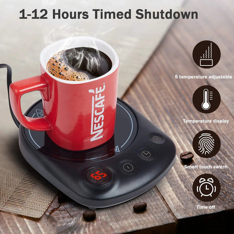 Always Keep Your Daily Grind Nice And Toasty With This Electric Coffee Mug Warmer Featuring Five Heat Settings Plus A Sleek Touch Pad Auto Shut Off Keeps Your Office Setup Secure. Red mug with coffee on a black mug warmer.