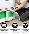 Person using storage space of Washer And Dryer Pedestal 29 Inch Wide 16 Inch High White Steel Universal Fit With Major Brands.