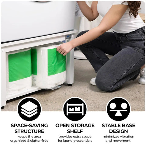 Person using storage space of Washer And Dryer Pedestal 29 Inch Wide 16 Inch High White Steel Universal Fit With Major Brands.