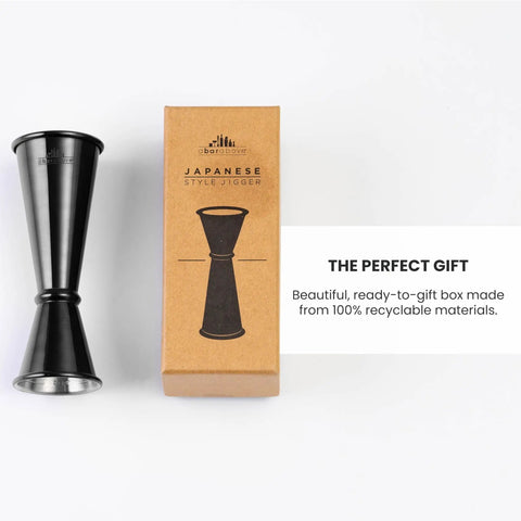 Japanese Style Jigger With Ten Measurement Markings Stainless Steel Bar Tool For Precise Mess Free Pours Sleek Modern Design For Home Mixology And Pro Level Bartending, black stainless steel with gift box