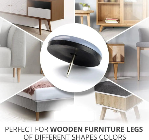 Image showing a Nail On Furniture Sliders 16 Pack For Chair Legs One Point Five Inch Premium Floor Protectors With Steel Nails on various wooden furniture legs.