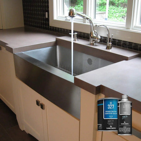 Top Tier Concrete Countertop Sealer Boasting Smooth Matte Finish Total Food Safe Guard on kitchen countertop.
