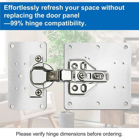 Close-up of installed Six Pack Stainless Steel Cabinet Hinge Repair Plates with 36 Self Tapping Screws for Furniture.