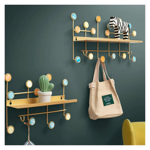 Top Shelf Wrought Iron Double Wall Hooks For Coats And Gear Rustic Entryway Organizer mounted with bags and decor.