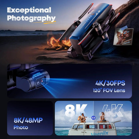 V11PRO RC2 Drone With 8K Camera And 3 Axis Gimbal Remote With Screen 4K 30FPS Video 1 2 CMOS Sensor 80 Minute Flight Time With Two Batteries 6KM Video Transmission Smart Touchscreen Controller For Adults showcasing 8K/48MP photo capability and 4K/30FPS video lens.