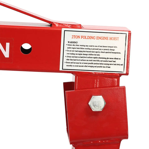 Heavy Duty Two Ton Folding Hydraulic Engine Hoist 4409 Pound Lift Cherry Picker Cranes view of frame with warning label.