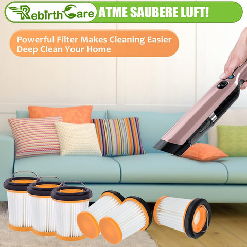 12 Pack WV201 Filter Replacement For Wandvac ION W1 S87 with handheld vacuum, showing high-efficiency filters on a sofa.