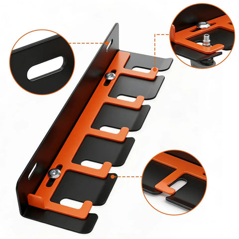 Close-up view of Rock Solid Wall Mount Air Tool Holder Lockable Five Slot Pneumatic Rack for Garage showing locking slots.