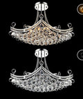 Modern Crystal Chandelier Pendant Light With Silver Finish, illuminated and unlit views, 25 Inch Ceiling Fixture, Eight Light E12 Socket Design