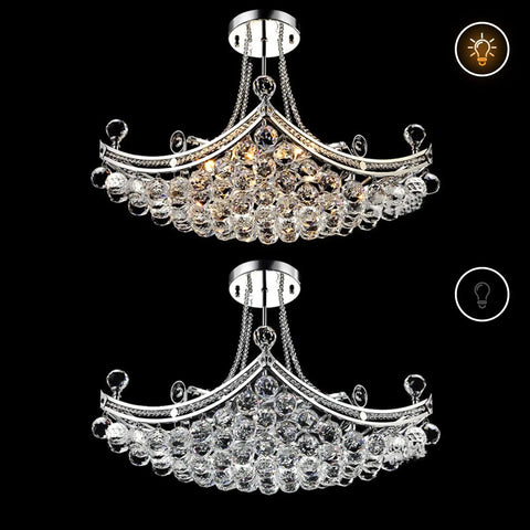 Modern Crystal Chandelier Pendant Light With Silver Finish, illuminated and unlit views, 25 Inch Ceiling Fixture, Eight Light E12 Socket Design