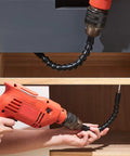 Three Piece Flexible Drill Bit Extension Set with Magnetic Hex Drive Soft Shaft and Hand Drill Adaptor in use in tight space