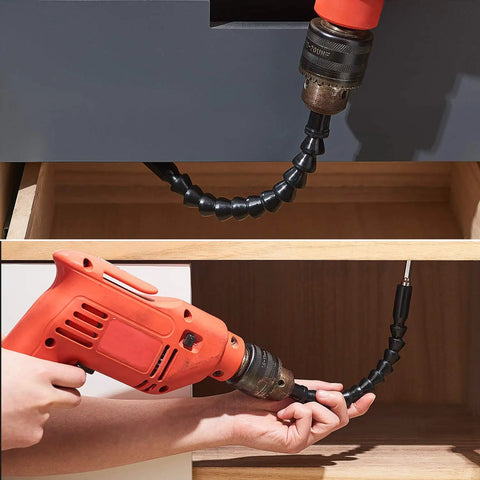 Three Piece Flexible Drill Bit Extension Set with Magnetic Hex Drive Soft Shaft and Hand Drill Adaptor in use in tight space