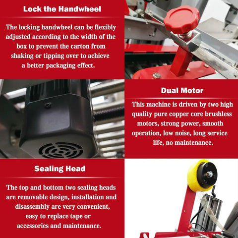 Close-up of Heavy Duty Plug And Play Automatic Case Sealing Machine And Dual Flap Box Tagger with dual motor and sealing head features.