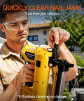 Premium Three In One Cordless Brad Nailer Featuring Zero Hassle Setup And Lightning Quick Firing Actions being used to clear a nail jam.