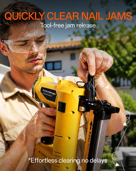 Premium Three In One Cordless Brad Nailer Featuring Zero Hassle Setup And Lightning Quick Firing Actions being used to clear a nail jam.